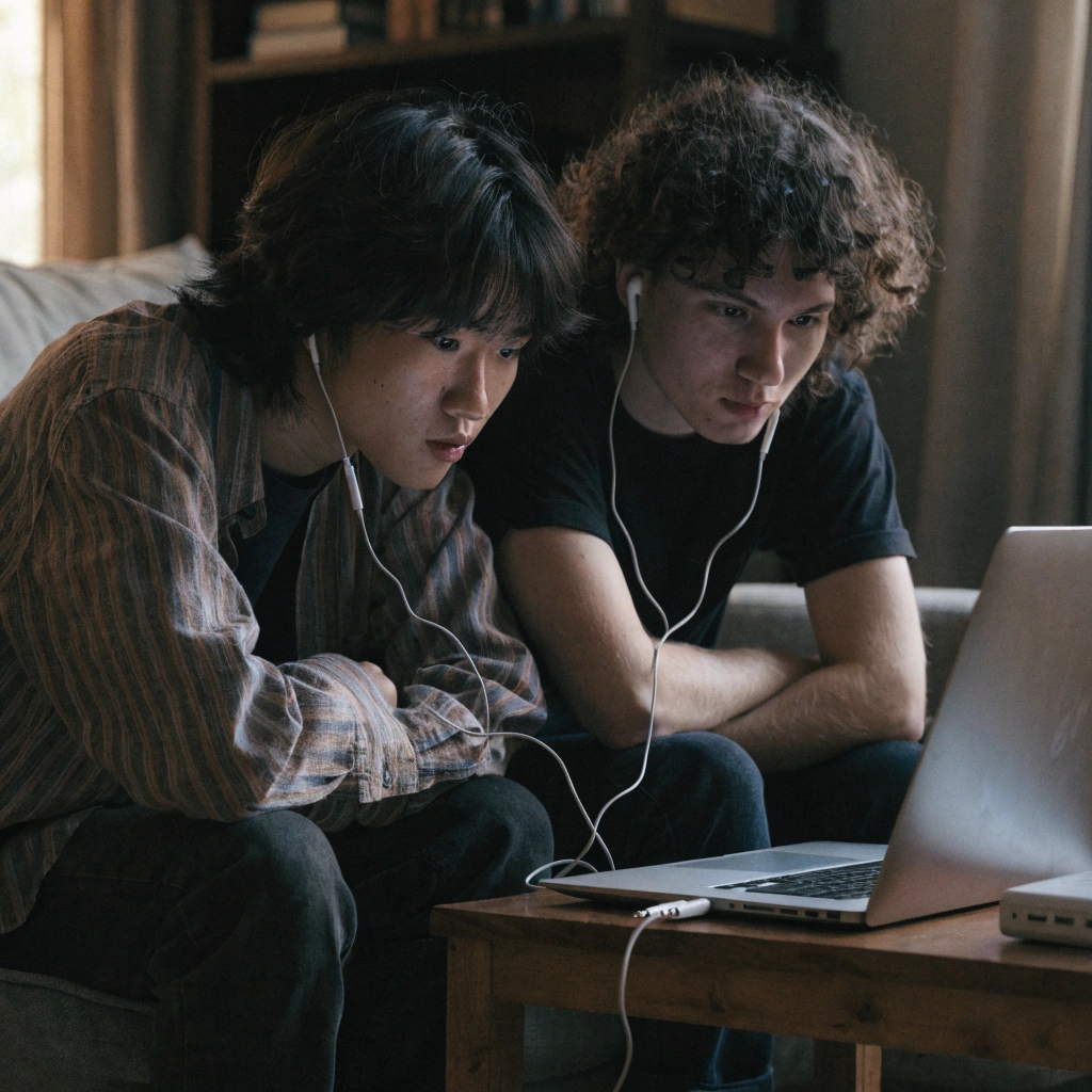 Two people sharing wired audio